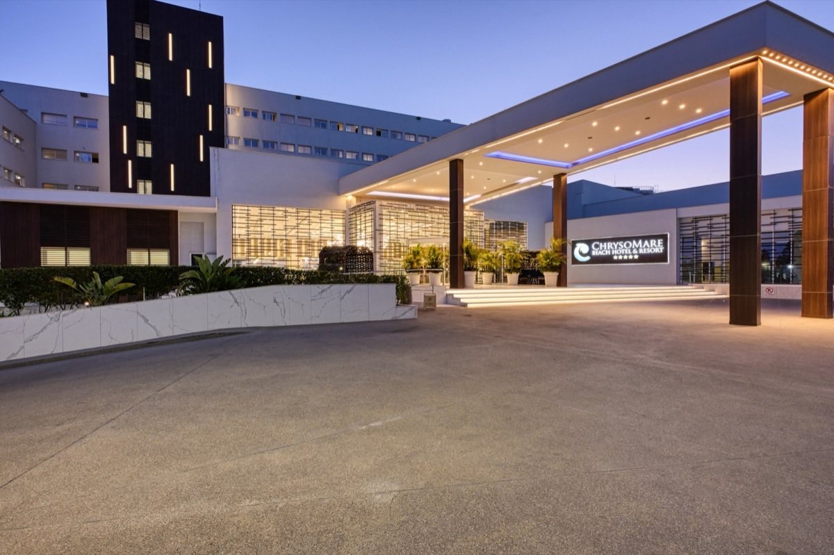 Odessa Beach Hotel entrance at dusk